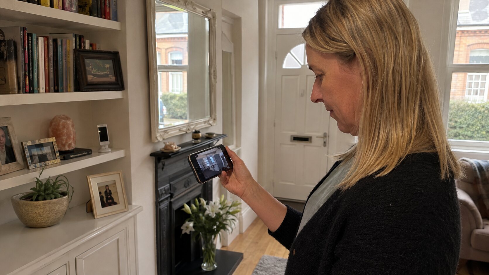 A person using a phone to check a room at home