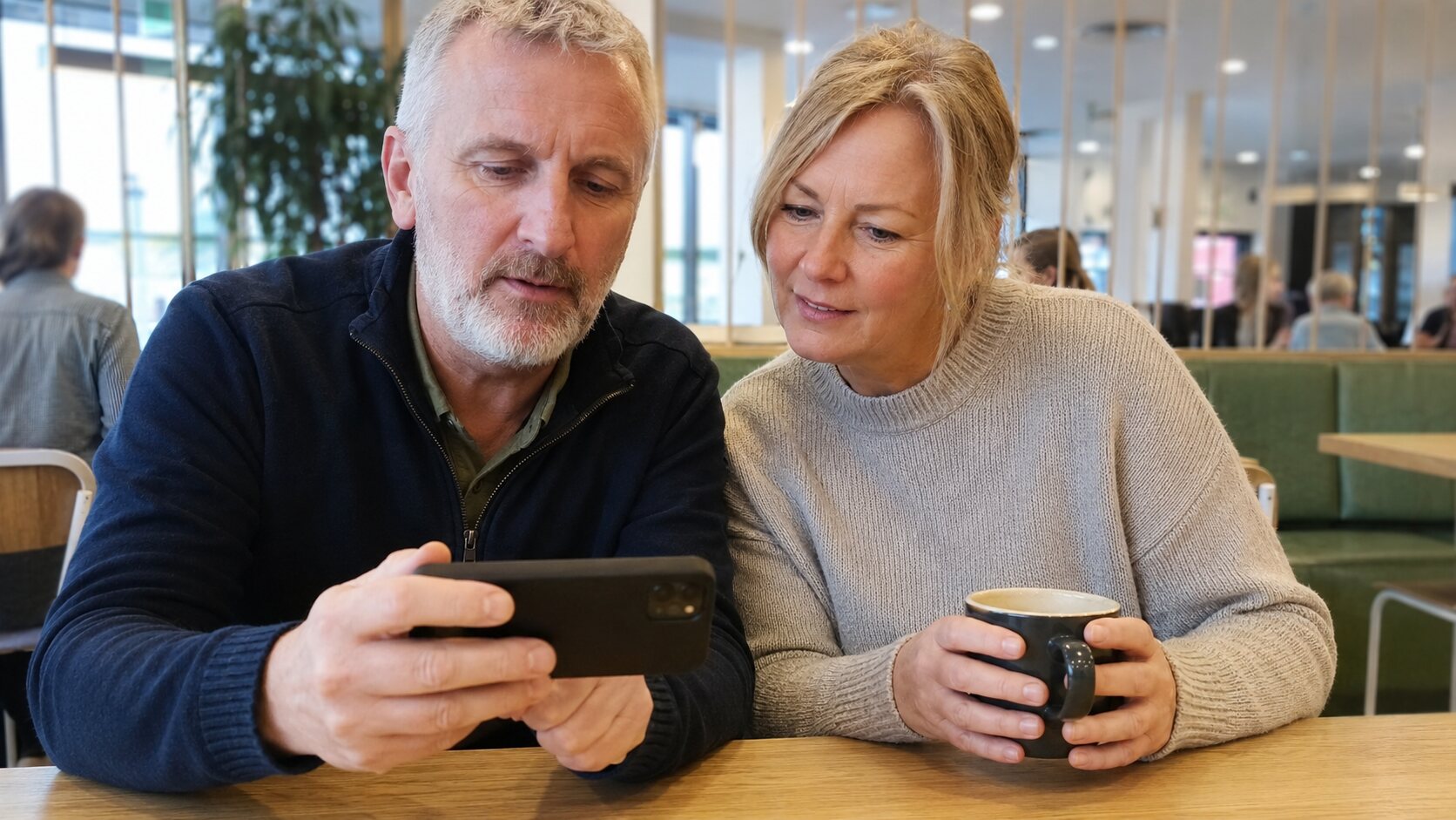 A couple checking their phone while away from home
