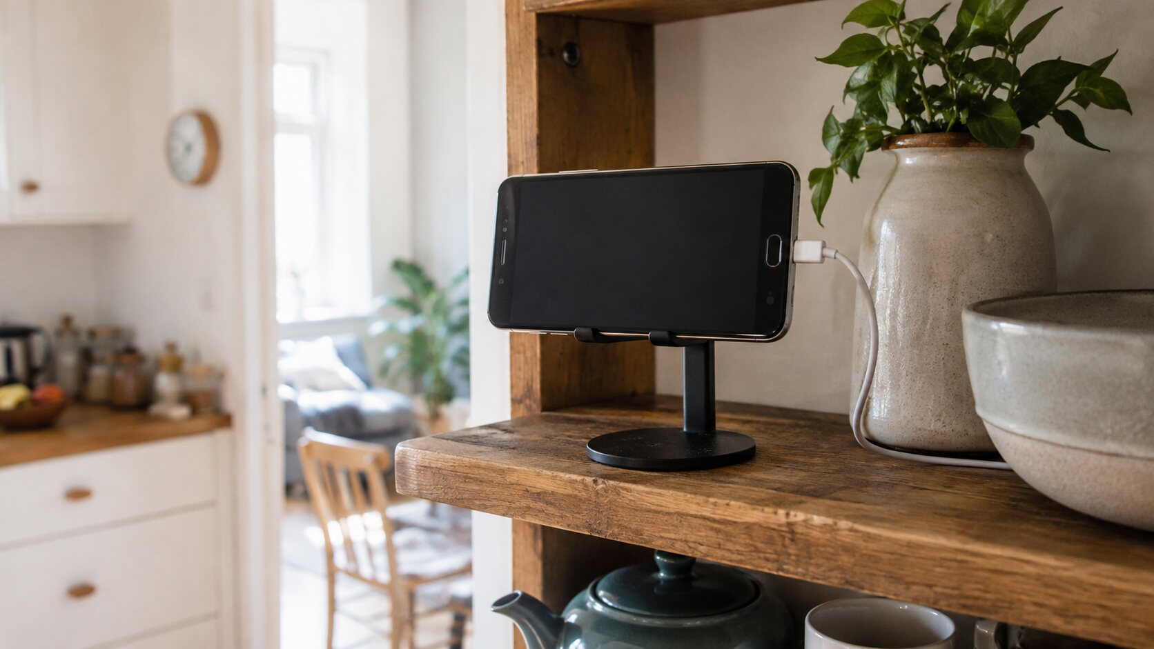 A spare phone positioned on a shelf for home monitoring